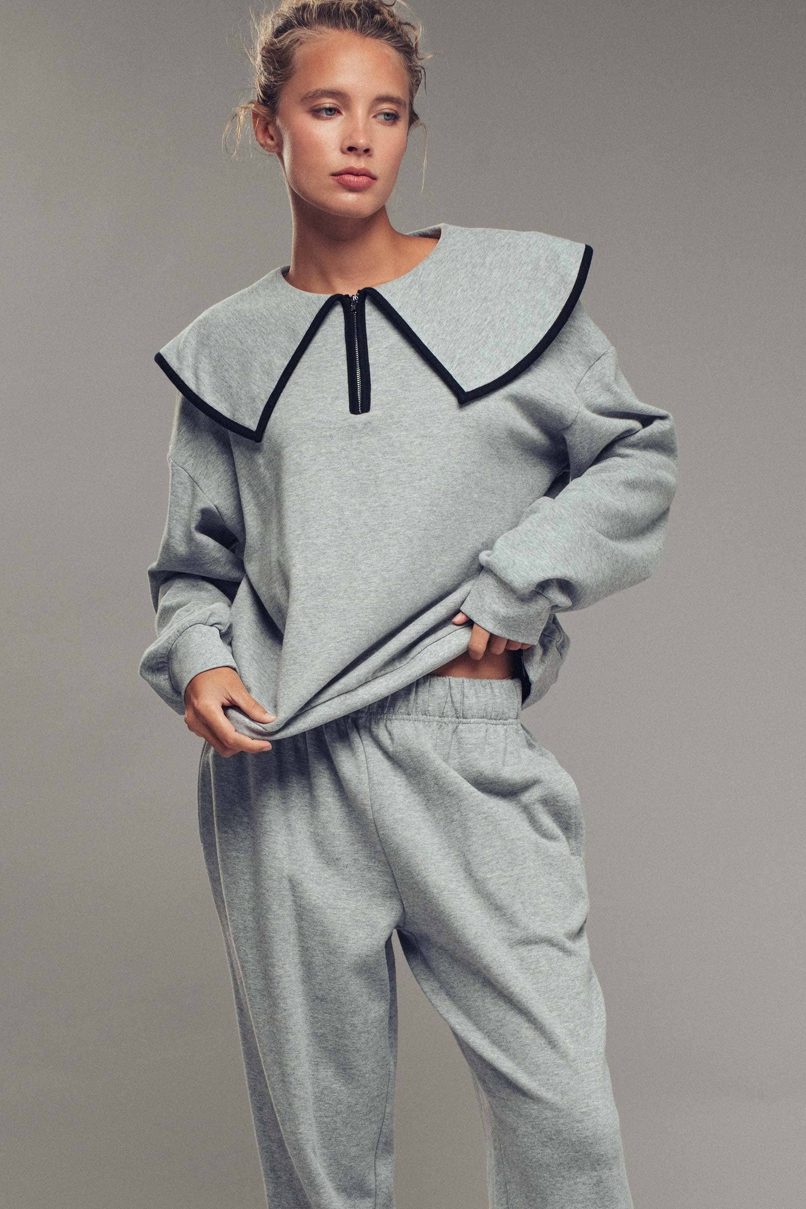 Urban Daizy Statement Sailor Collar Quarter Zip Lounge Set H-Grey Black Top & Pant Set (NOT Loungewear) - Women's… –…