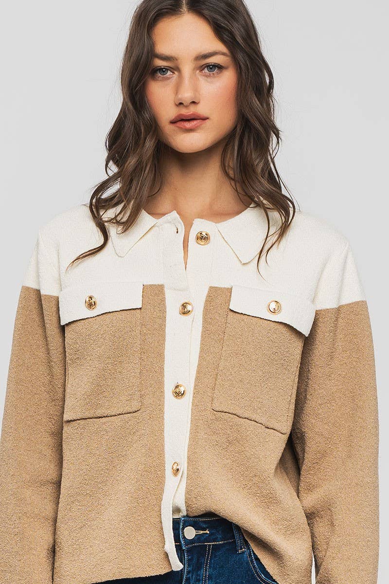 Urban Daizy Colorblock Button-Up Cropped Coat Cream-Black Coat - Women's (UDZ-OT-00349) – alternate view 2