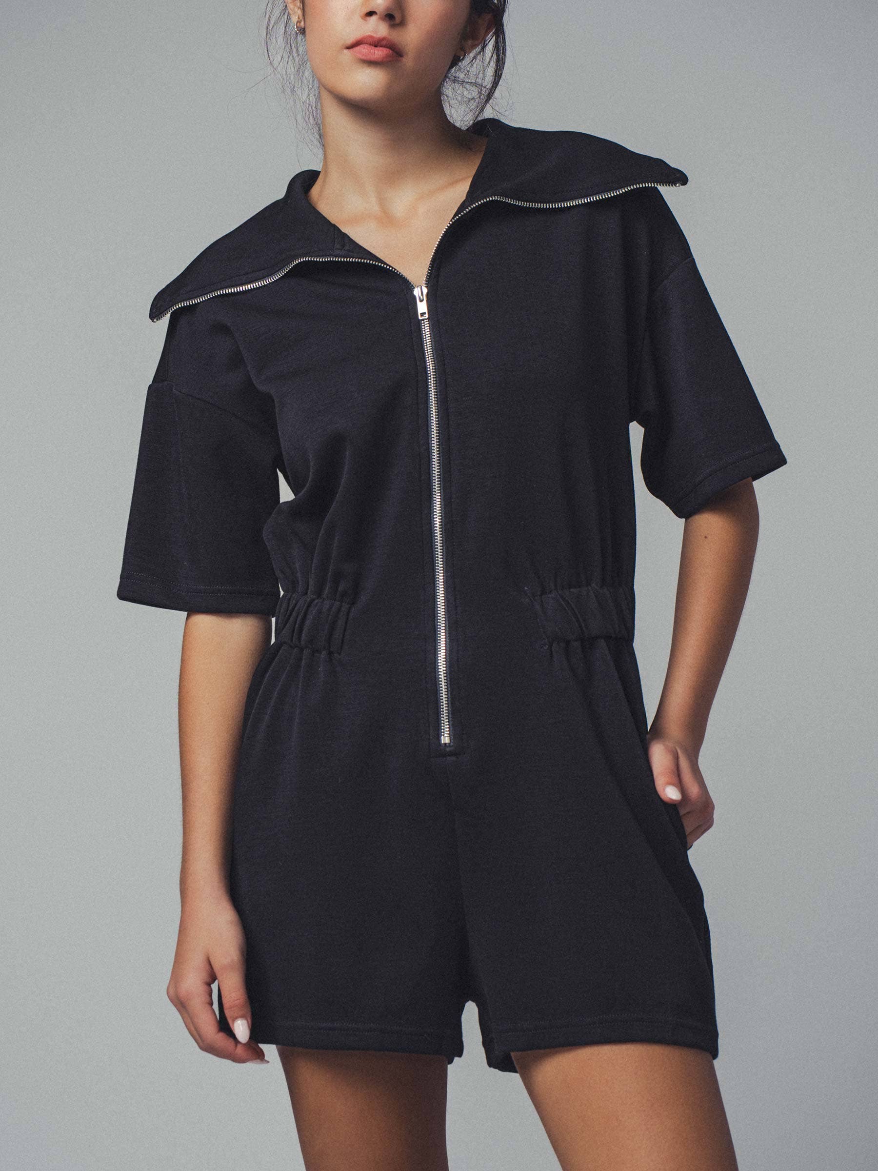 Knit Zipped Romper with Cinched Waist
