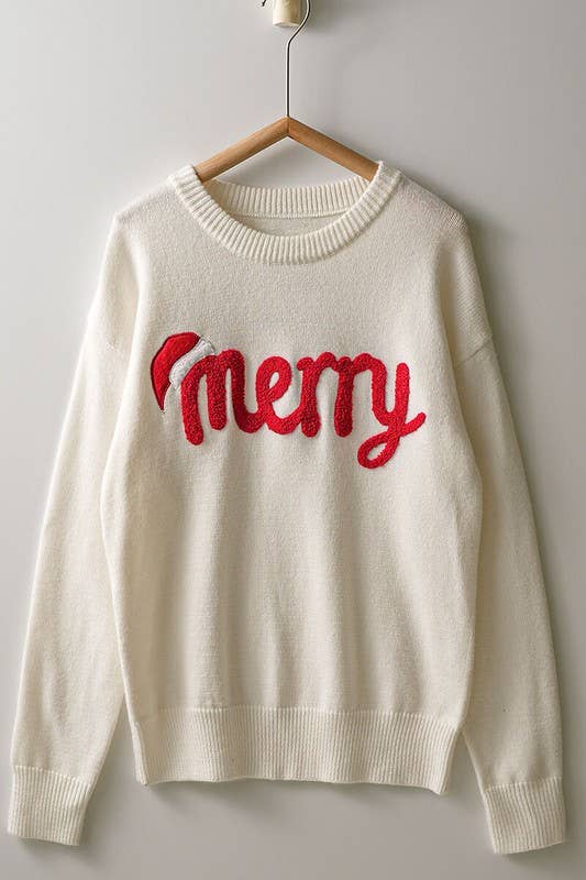 Urban Daizy Merry Embroidered Crewneck Sweater Ivory Knit Sweater - Women's (UDZ-KN-00488)