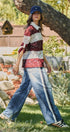 Wide Leg Faux Denim Print French Terry Track Pants with Side in IVORY NAVY - Women's Casual Pants | Urban Daizy