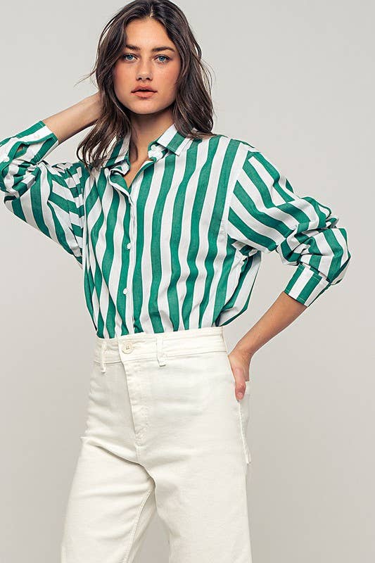 Urban Daizy Oversized Stripe Button Down Collared Shirt Blue Button Down Shirt - Women's (UDZ-TP-00759) – alternate view 24