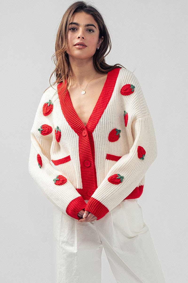 Urban Daizy Romantic Strawberry Embroidered V Neck Chunky Sweater Pink Cardigan - Women's (UDZ-KN-00160) – alternate view 6