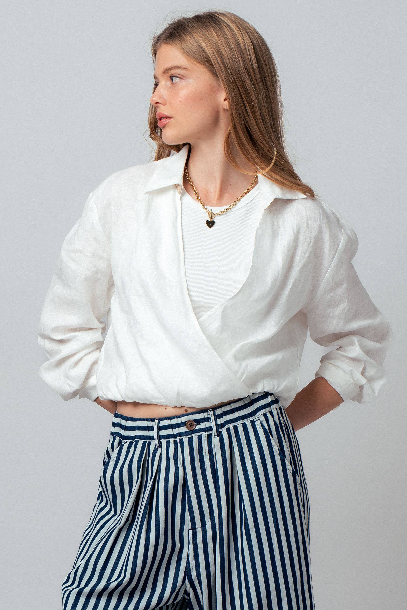 Collared Linen Wrap Crop Top