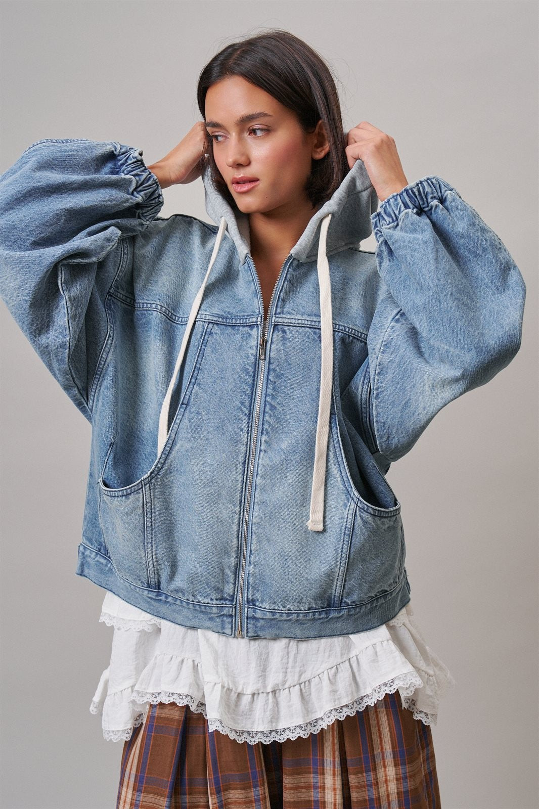 Hooded Denim Zip Up Jacket with French Terry Hood in DENIM - Women's Jackets & Blazers | Urban Daizy