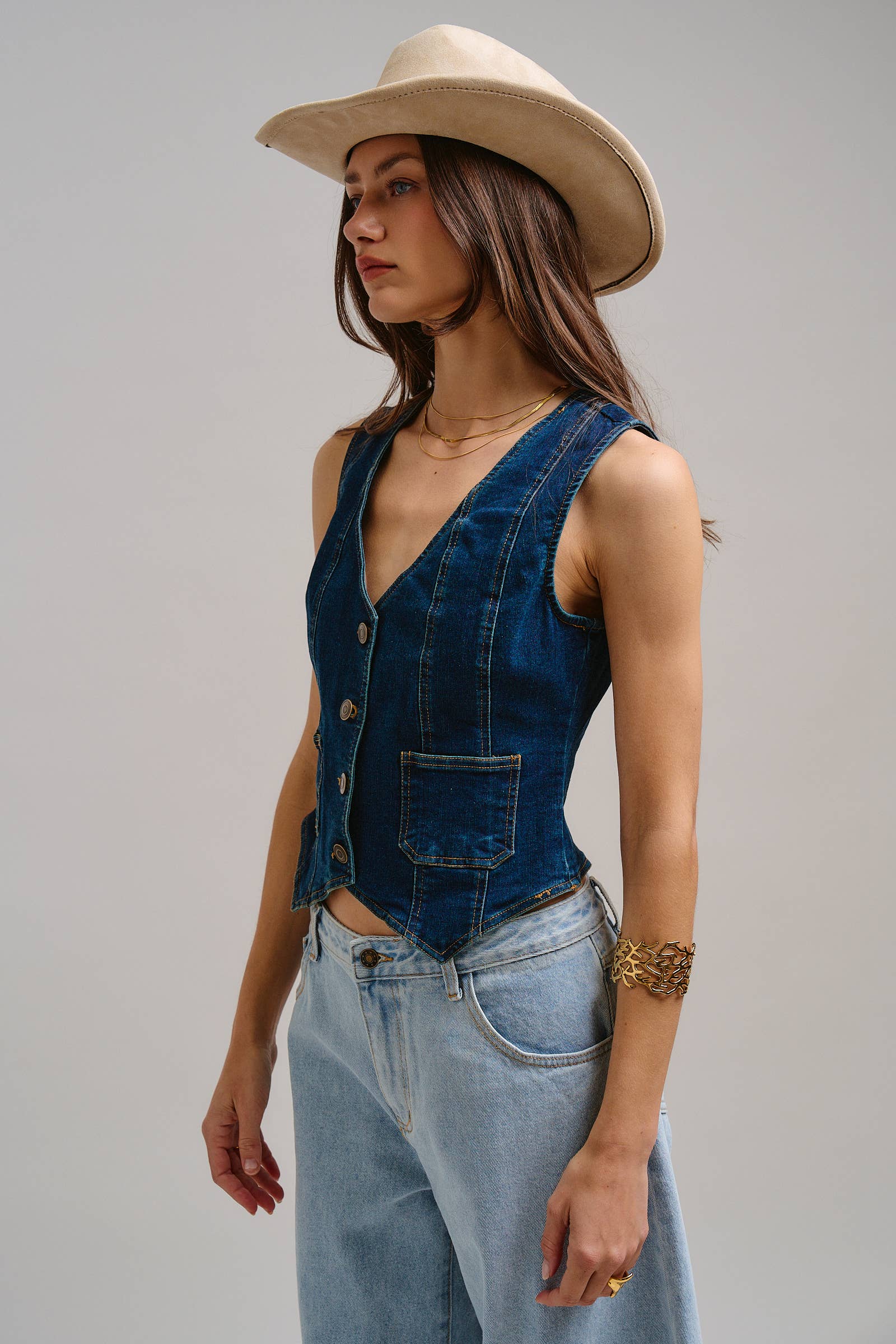 Fitted V-Neck Button-Front Denim Vest