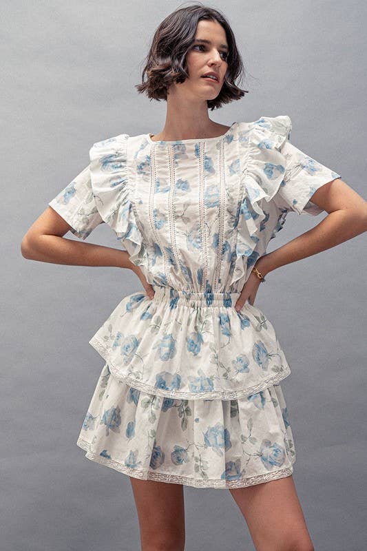 White Blue Floral Ruffle Sleeve Tiered Mini Dress