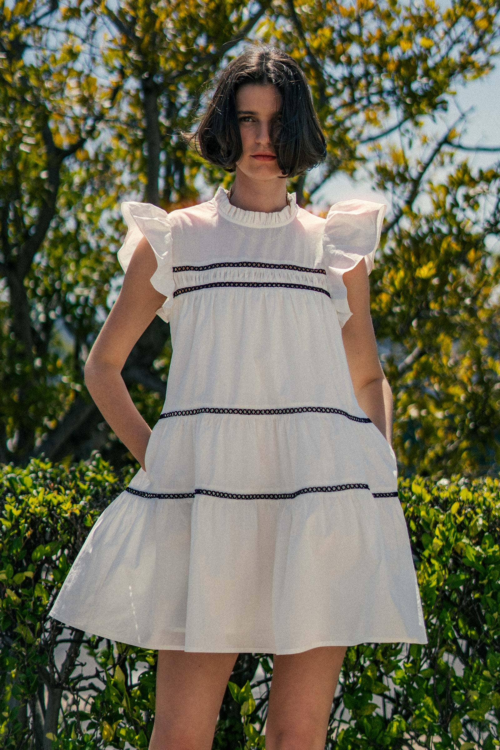 Urban Daizy Lace Trim Ruffle Sleeve Tiered Spring Mini Dress Black Dress - Women's (UDZ-DR-00204) – alternate view 2