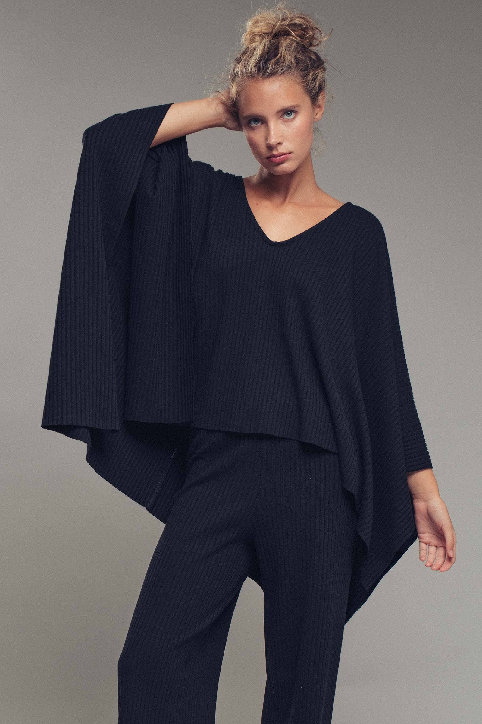 Ribbed Knit Poncho and Pants Set