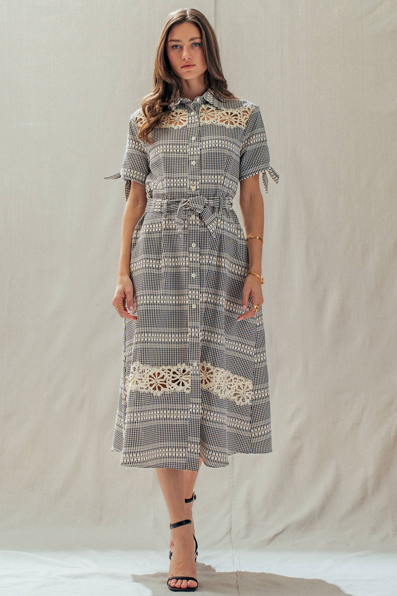 Gingham Cotton Shirt Dress Eyelet Embroidery