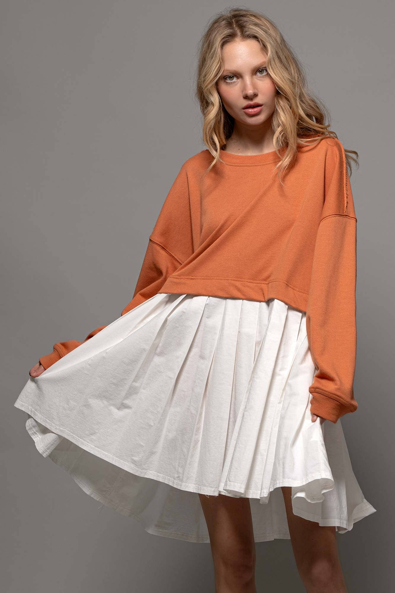 Urban Daizy Pleated Skirt Layered Statement Sweater Dress Rust Dress - Women's (UDZ-DR-00306) – alternate view 14