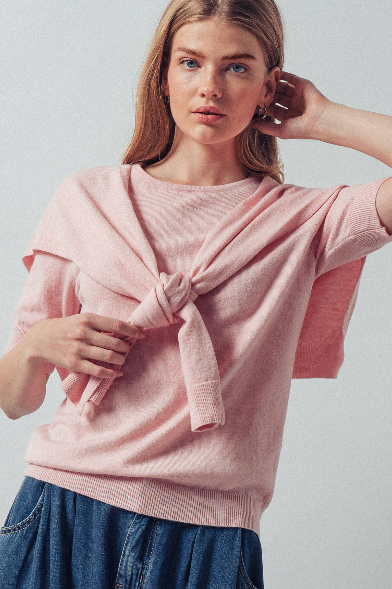 Faux Layered Tie-Front Knit Top