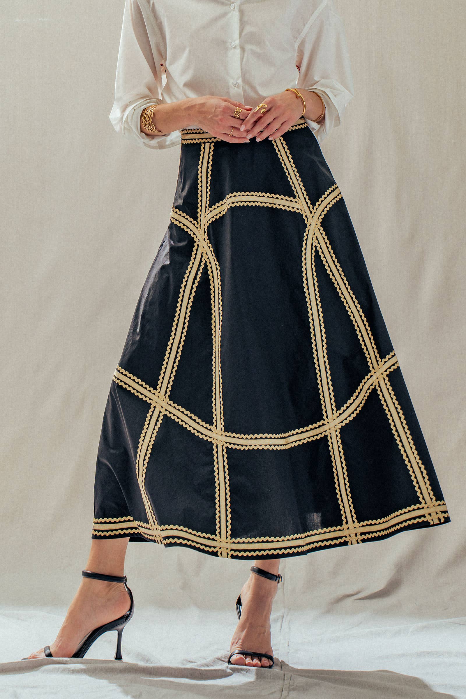 Contrast Rickrack Trim Cotton A-Line Midi Skirt