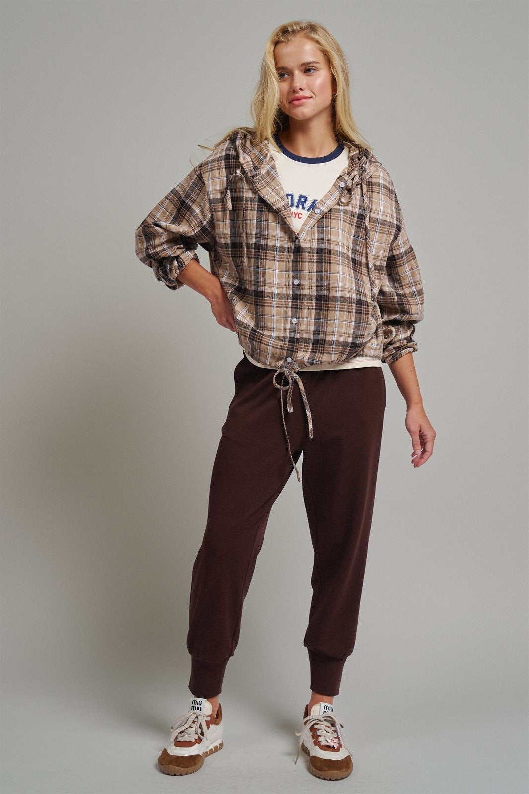 Plaid Flannel Hooded Shirt Jacket with Drawstring Hem in KHAKI - Women's Shirts & Blouses | Urban Daizy