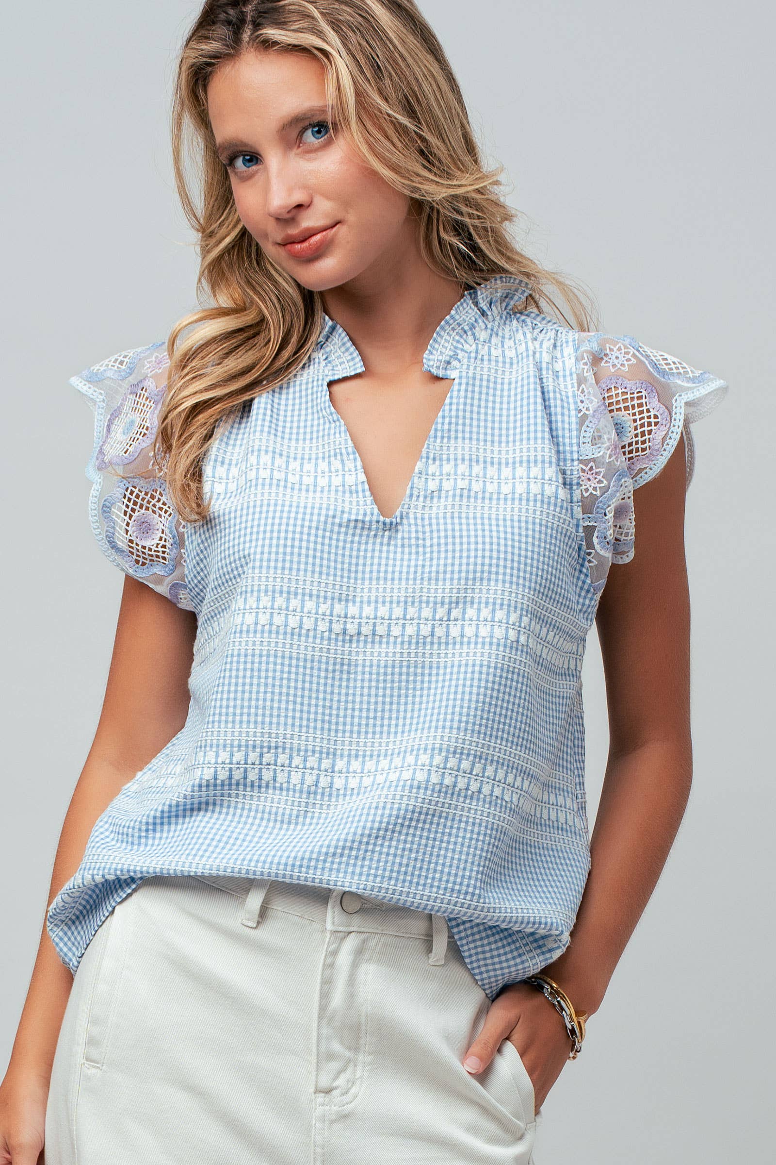 Urban Daizy Gingham Lace Flutter Sleeve Cotton Top Black Blouse - Women's (UDZ-TP-01009) – alternate view 3