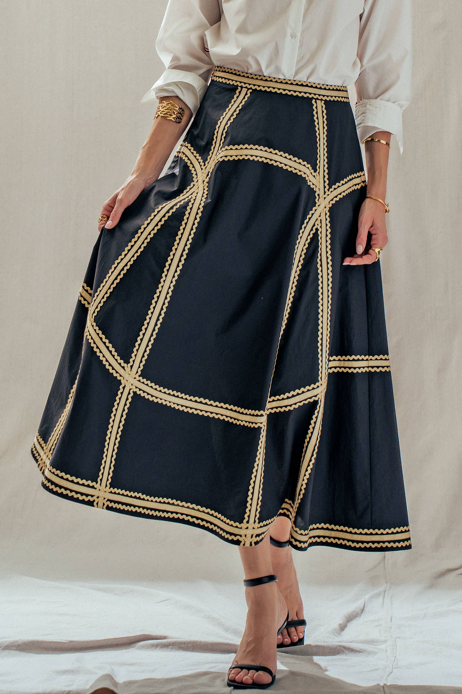Contrast Rickrack Trim Cotton A-Line Midi Skirt