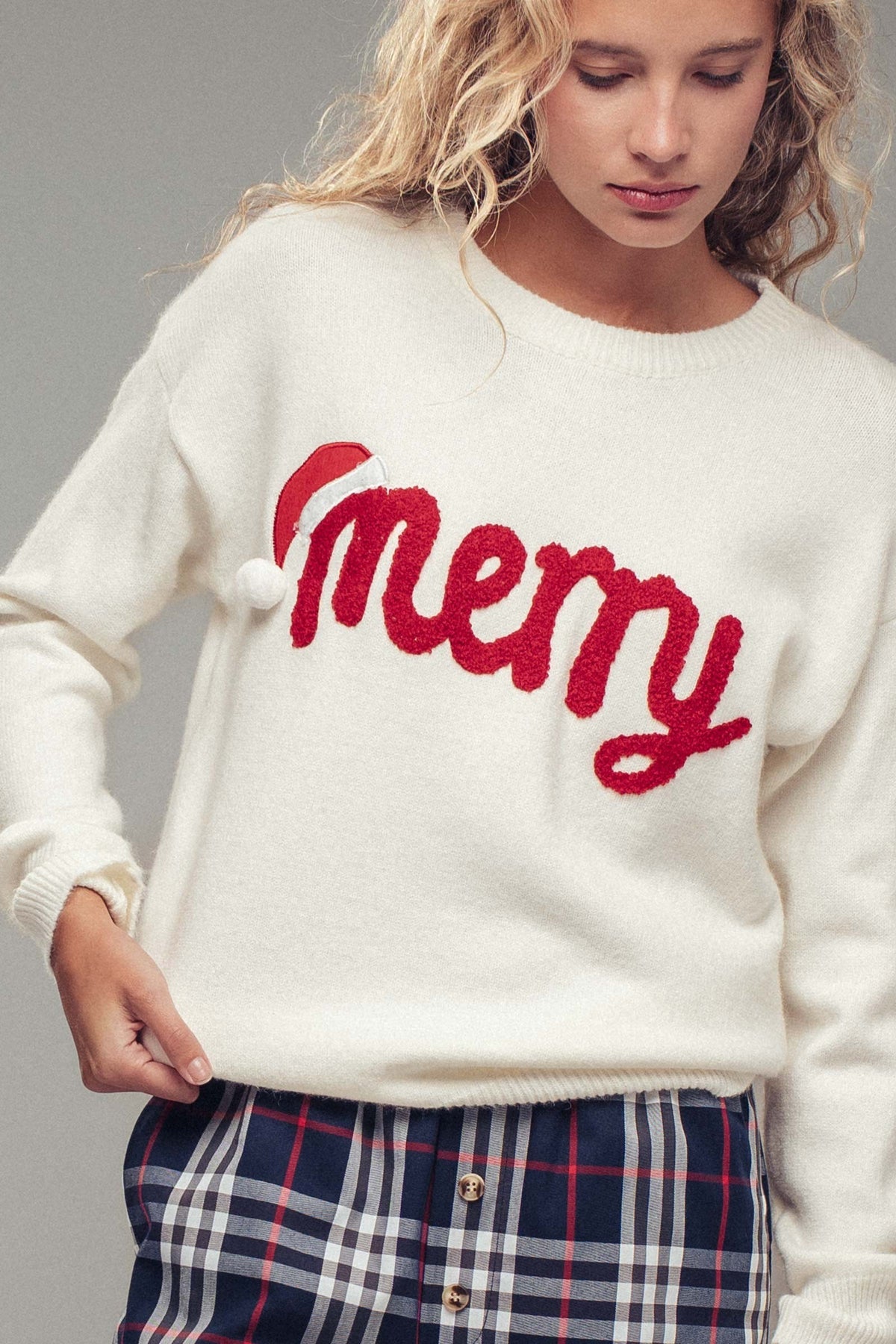 Jolly Script Embroidered Sweater in RED - Women's Sweaters | Urban Daizy