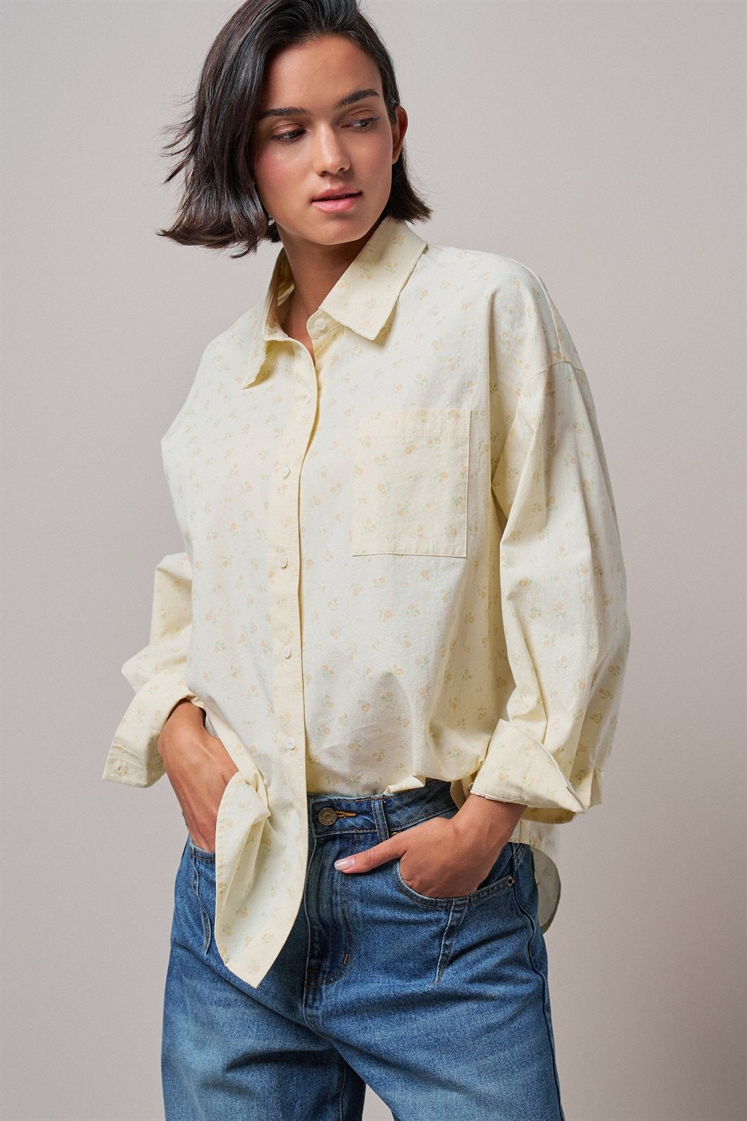 Soft Meadow Button-Down Shirt in CREAM - Women's Shirts & Blouses | Urban Daizy