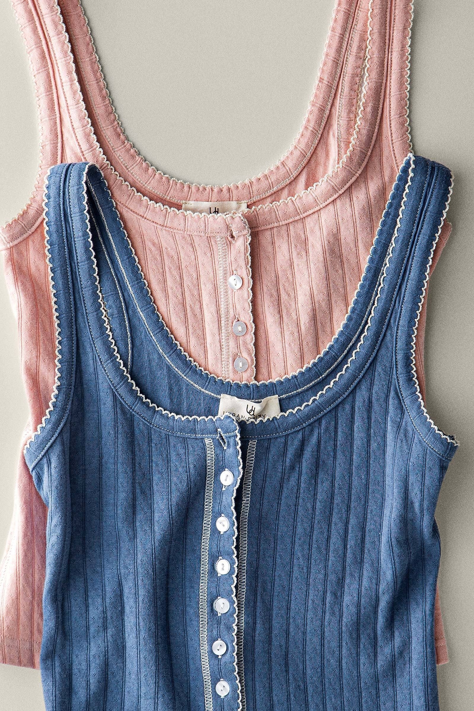 Ribbed Cotton Button-Front Picot Trim Tank