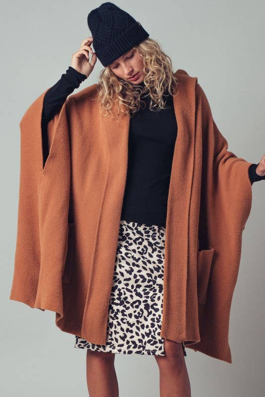Oversized Cozy Hooded Open Front Knit Poncho