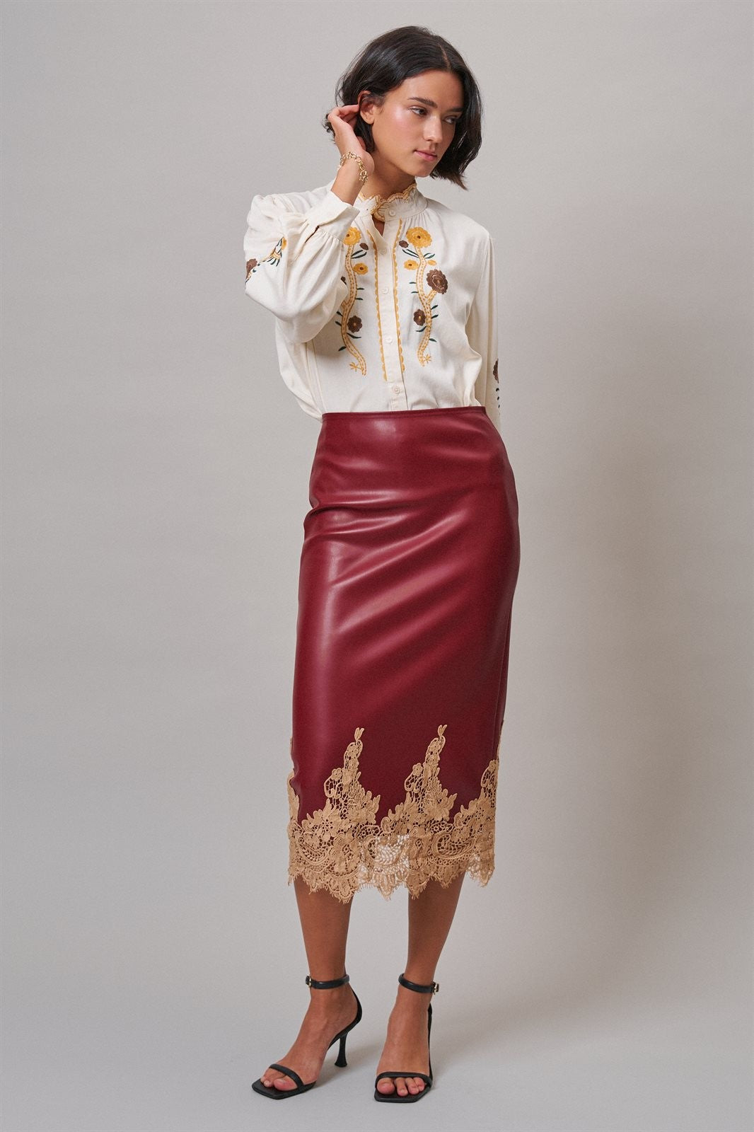 Faux Leather Lace Trim Midi Pencil Skirt in BURGUNDY - Women's Midi Skirts | Urban Daizy