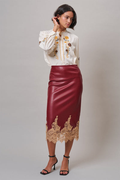 Faux Leather Midi Skirt with Lace Hem