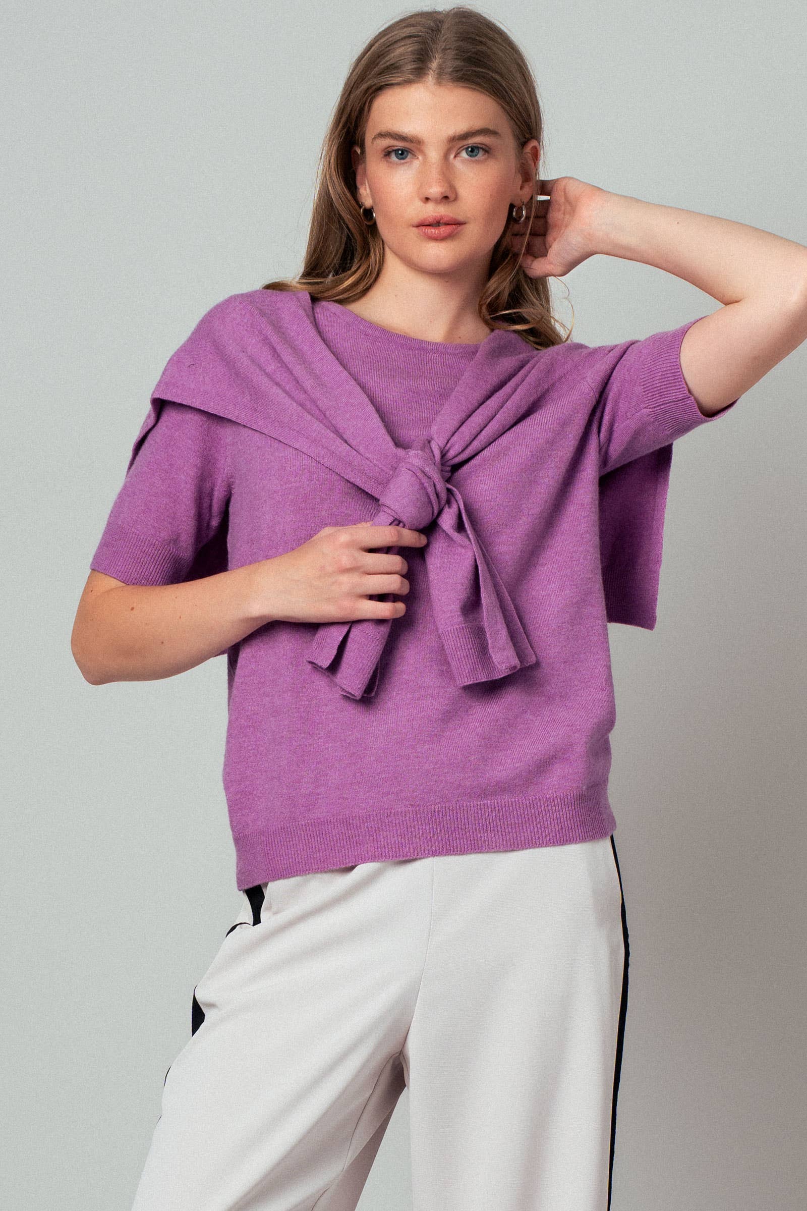 Faux Layered Tie-Front Knit Top