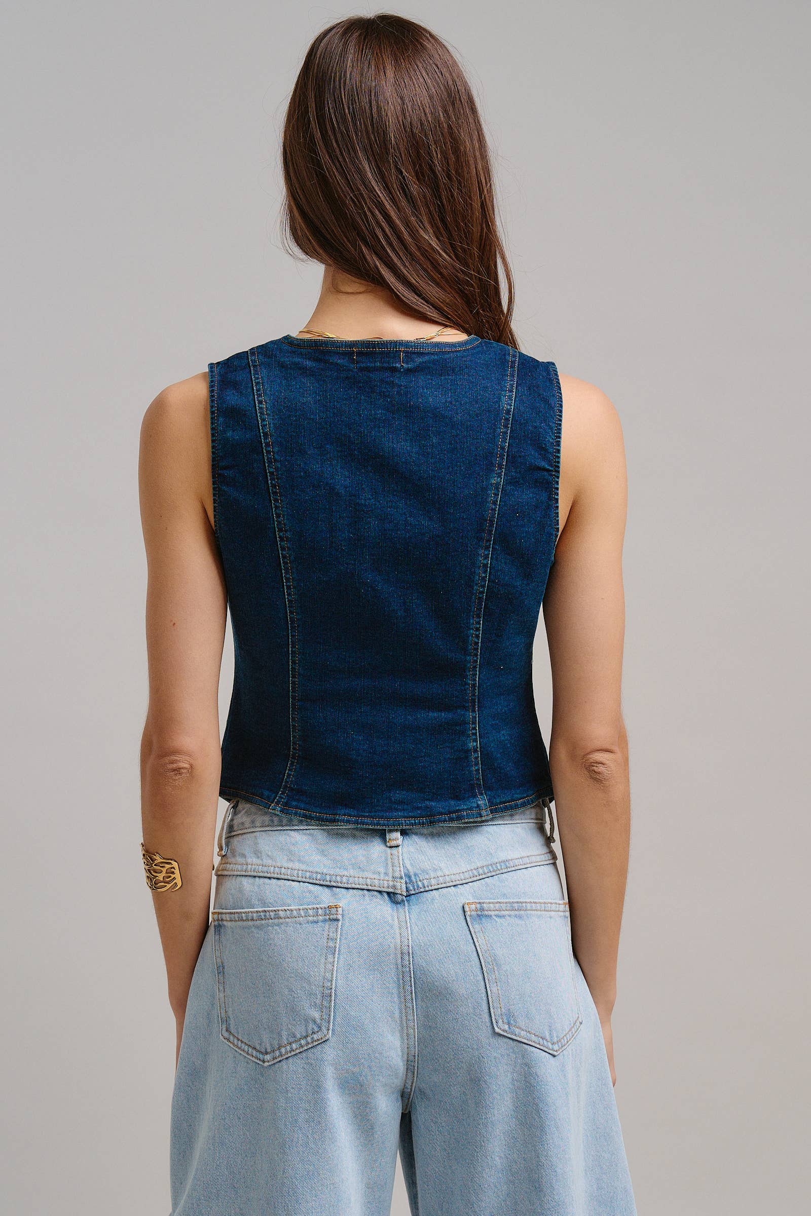 Fitted V-Neck Button-Front Denim Vest
