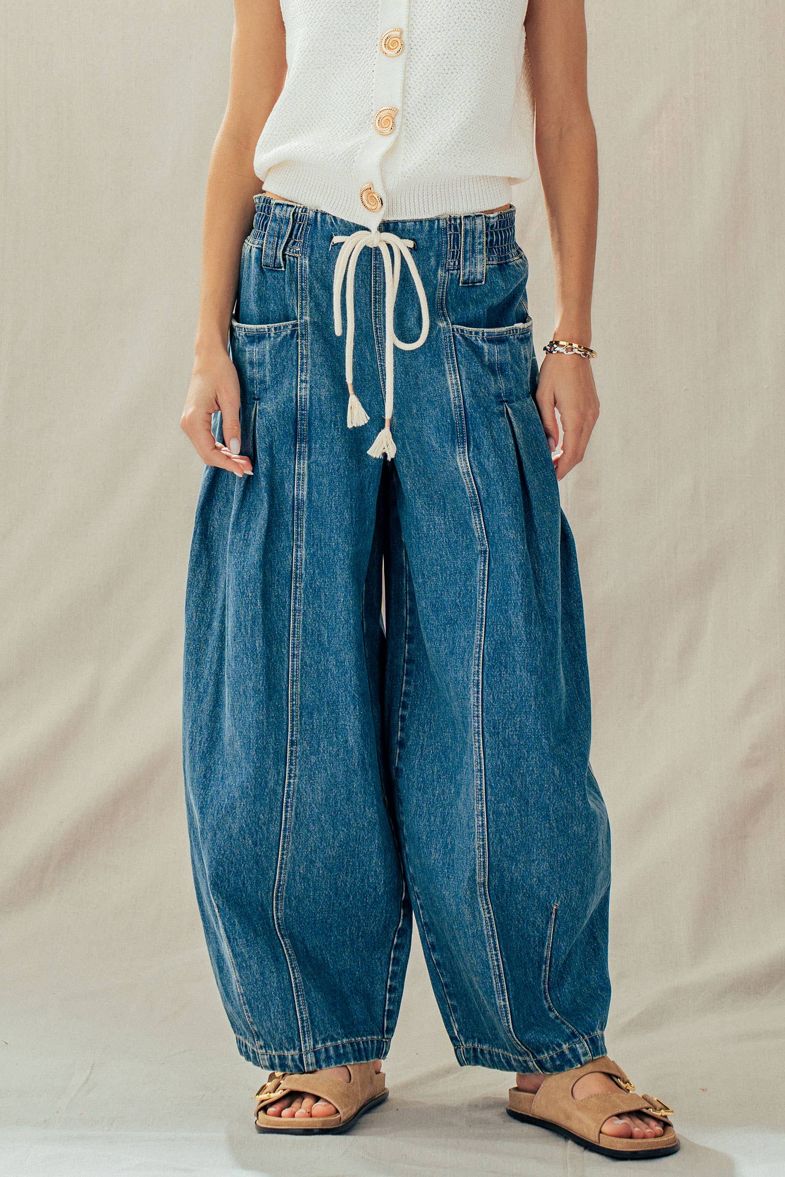 Urban Daizy Rope Drawstring Balloon Pants Pleated Front Brown-Stripe Pants - Women's (UDZ-PT-00481) – alternate view 20