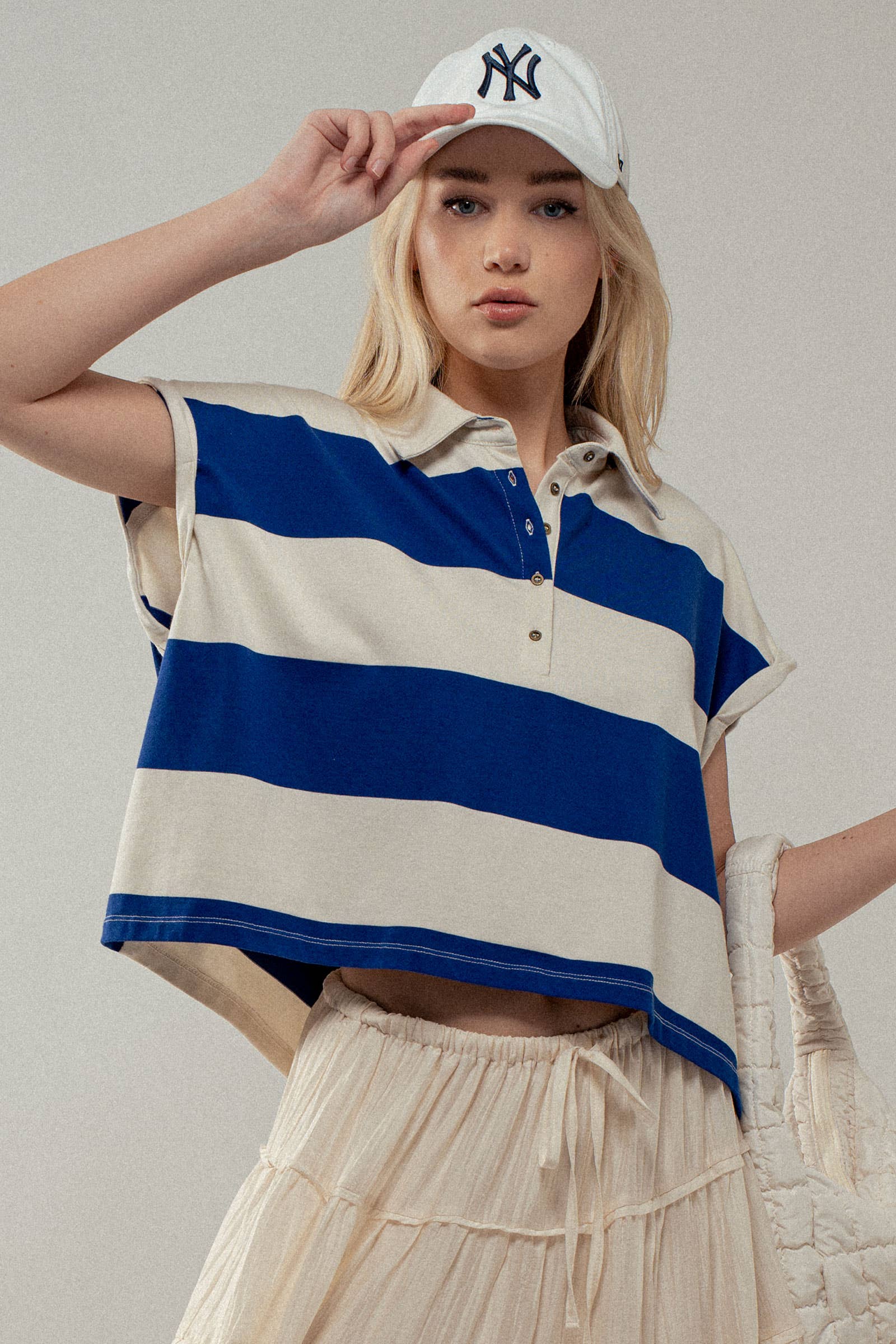 Urban Daizy Bold Striped Dolman Sleeve Polo Shirt Ivory Black Polo - Women's (UDZ-TP-00660) – alternate view 6