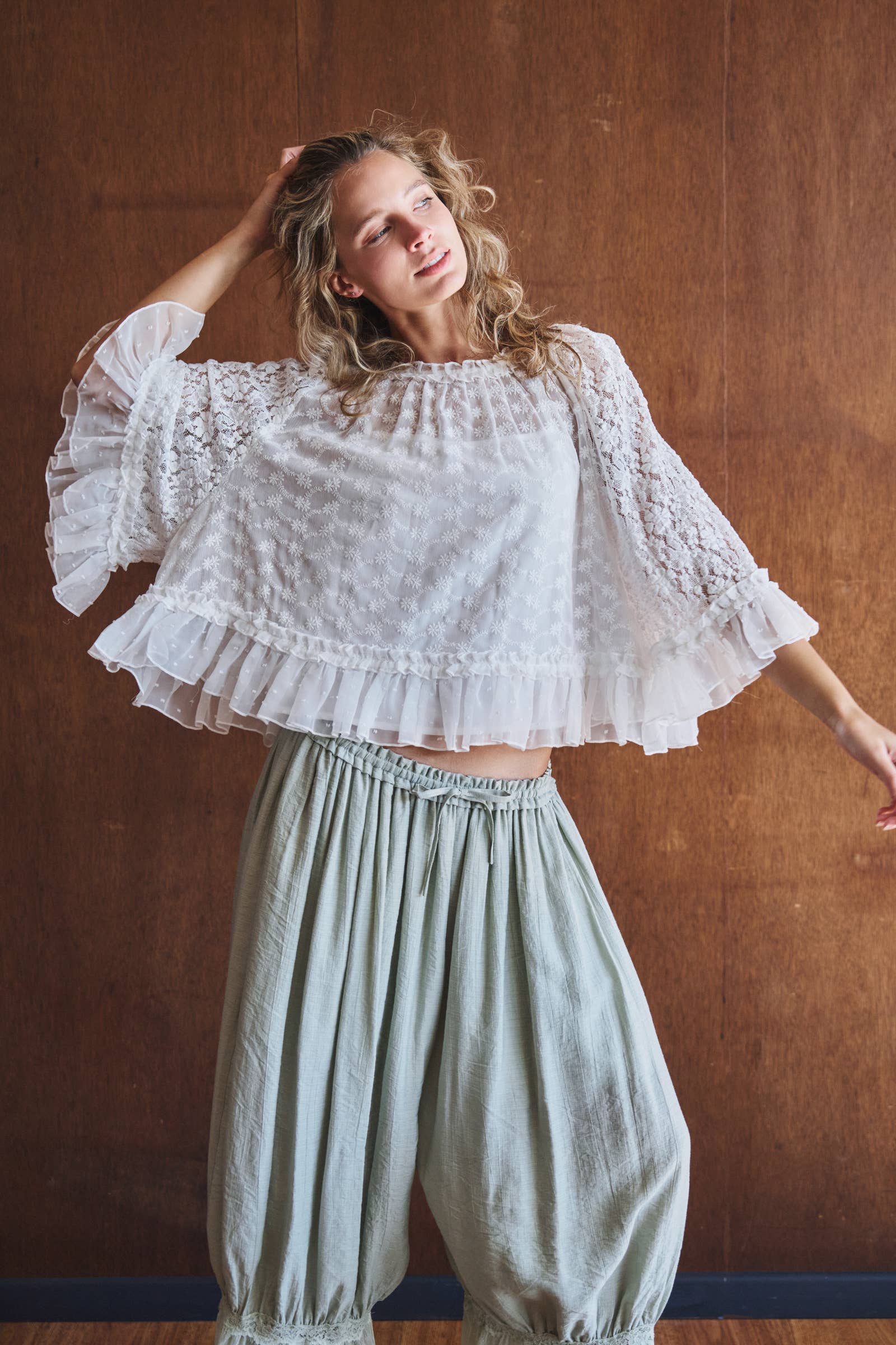 Swiss Dot Lace Top Ruffle Flutter Sleeve