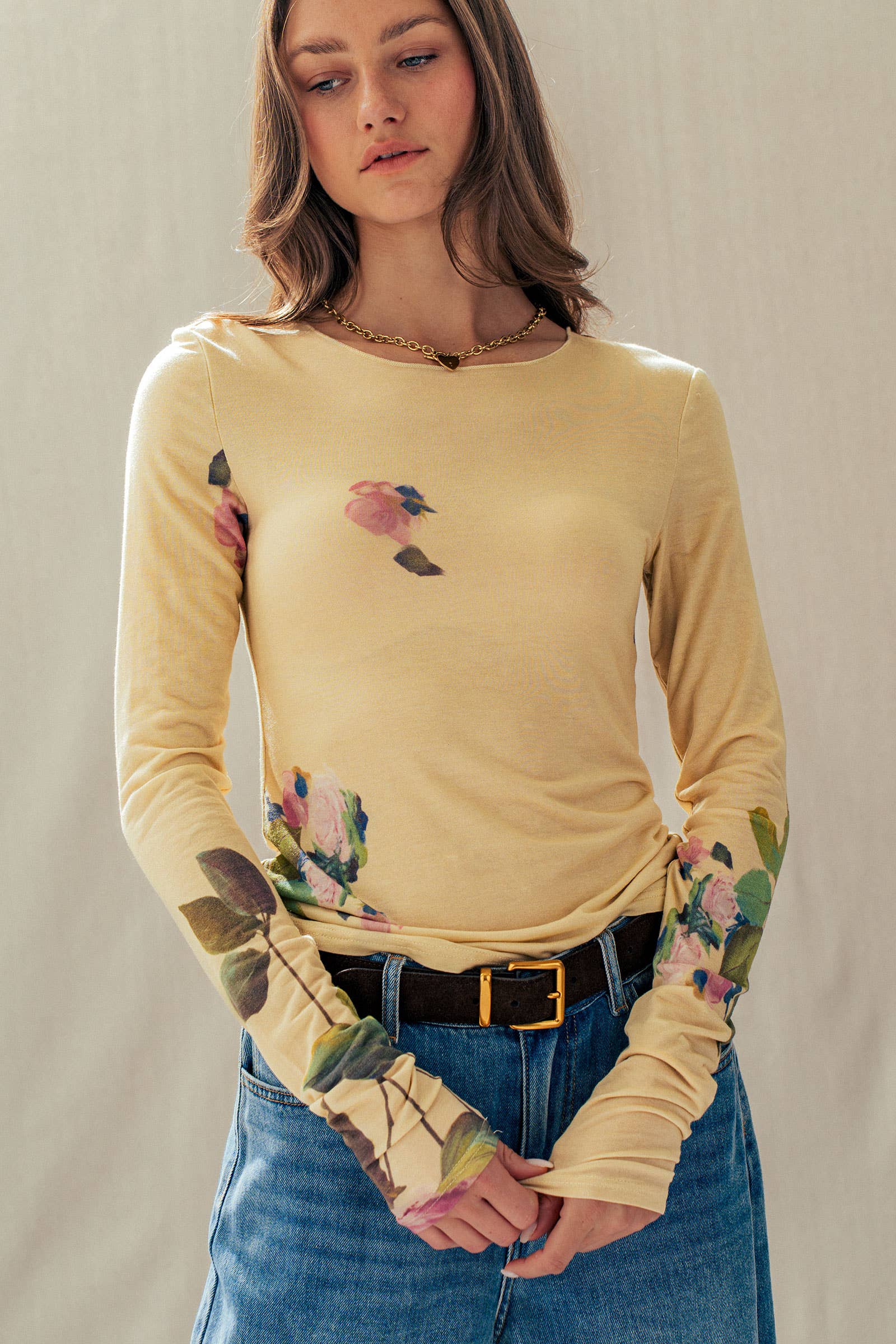 Vintage Floral Long Sleeve Top Tencel Wool Blend