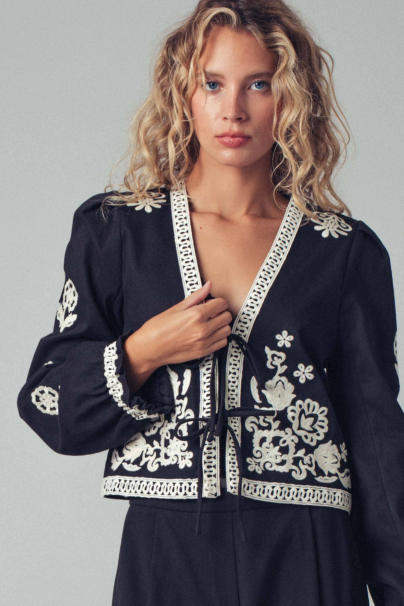 Urban Daizy Embroidered Boho Tie Neck Blouse Ecru Blouse - Women's (UDZ-OT-00357)