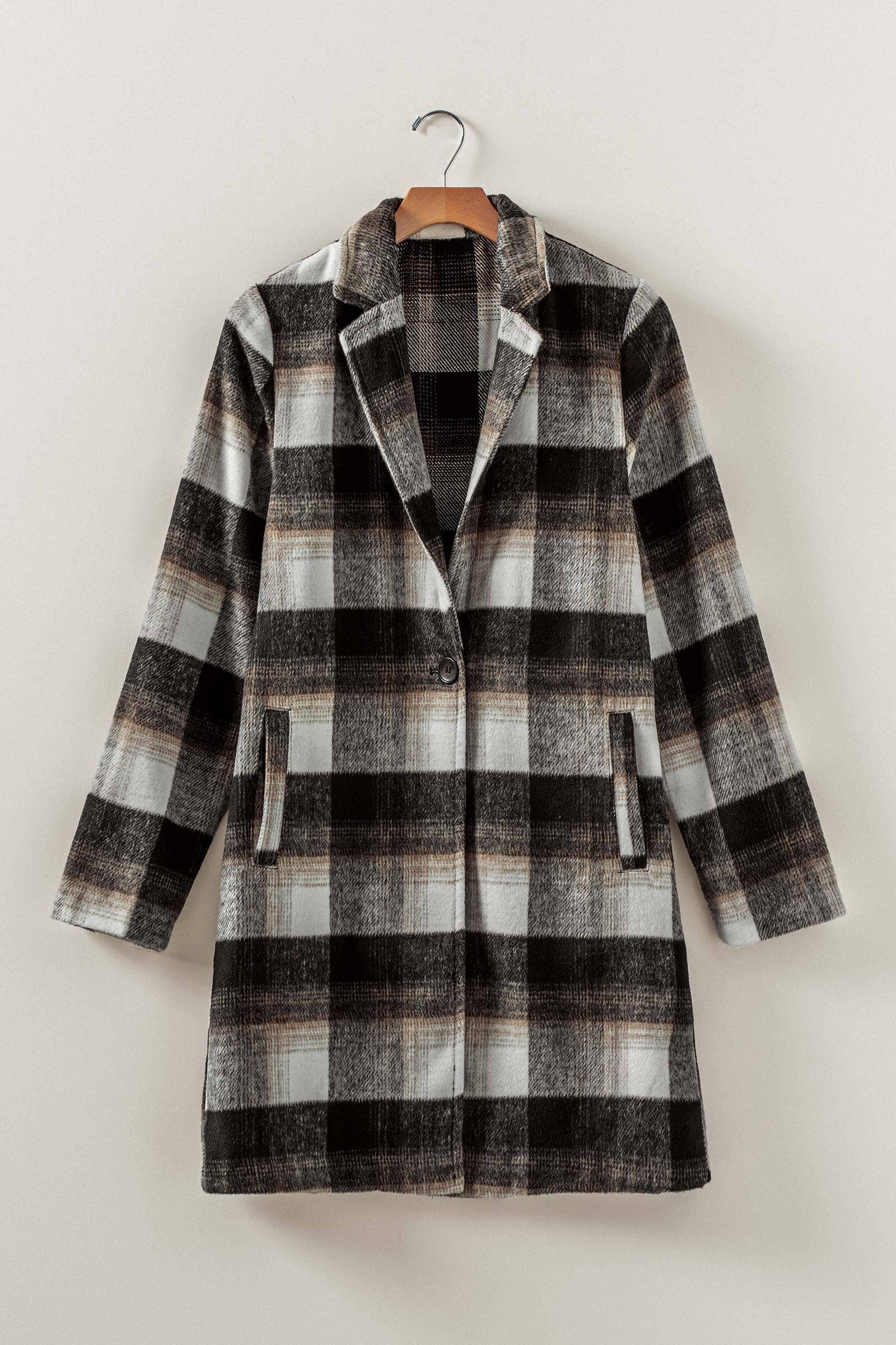 Urban Daizy Brushed Plaid Notched Lapel Coat Black Coat - Women's (UDZ-DR-00392)