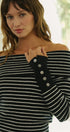 Off-Shoulder Striped Knit Top with Button Cuffs in BLACK - Women's Sweaters | Urban Daizy