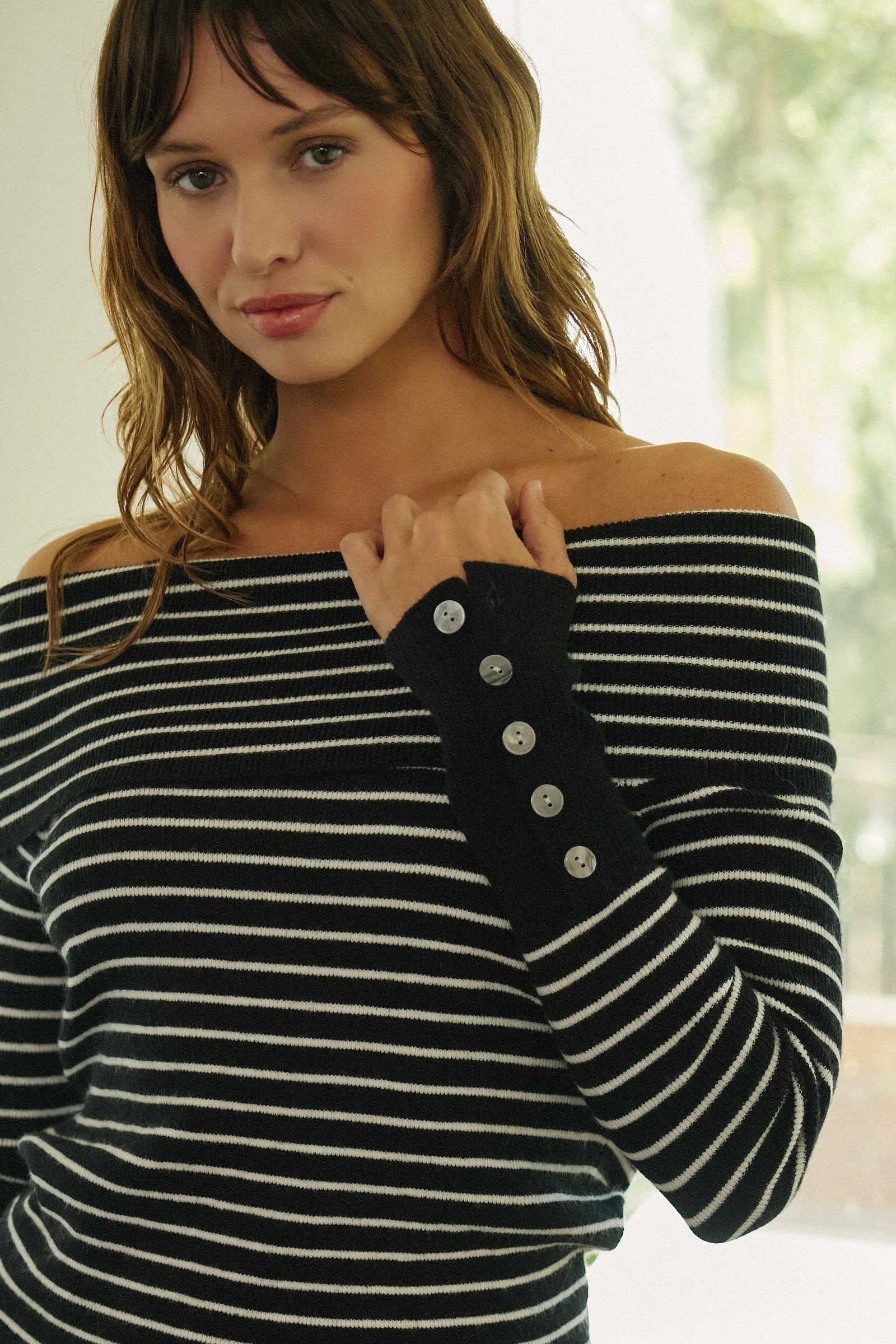 Off-Shoulder Striped Knit Top with Button Cuffs in BLACK - Women's Sweaters | Urban Daizy