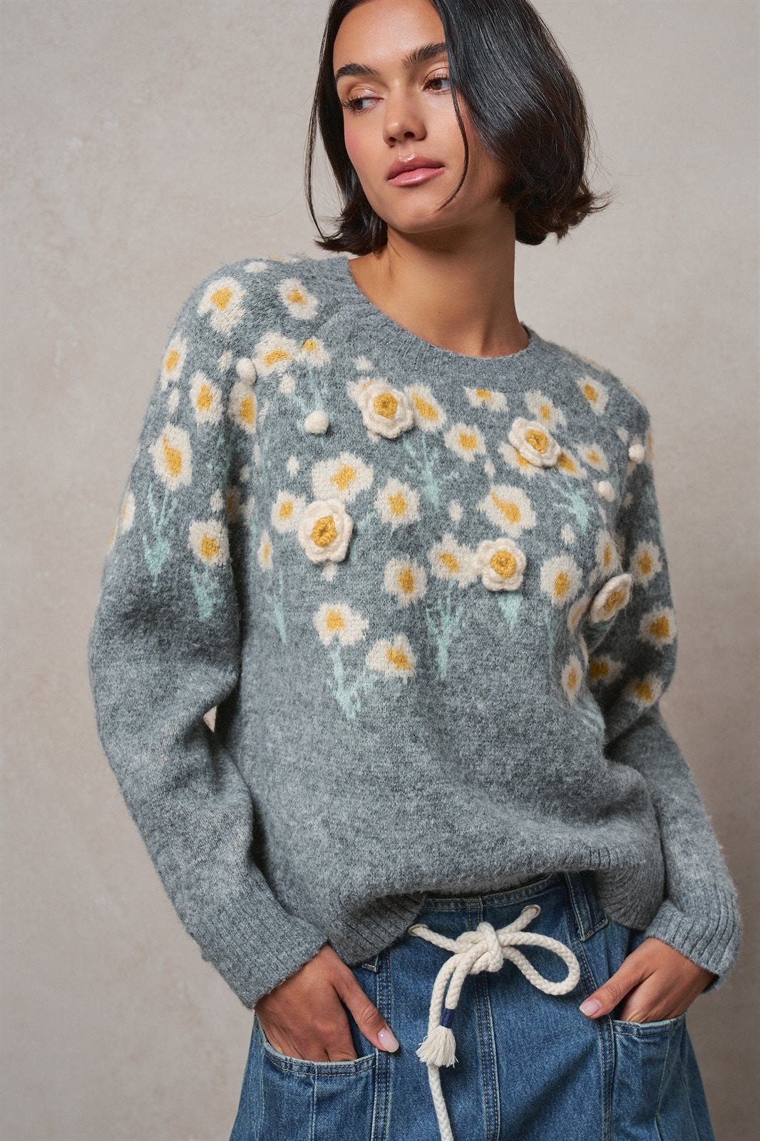 Embossed Floral Knit Sweater in GREY - Women's Sweaters | Urban Daizy