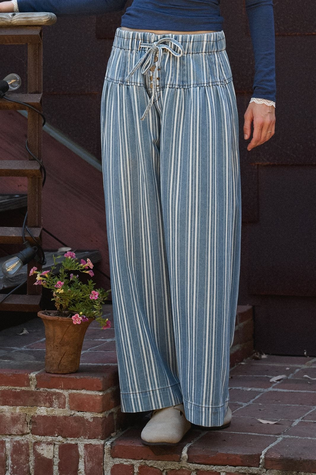 Striped Denim Wide Leg Palazzo Pants Vintage Wash Boho Coast in LT DENIM - Women's Casual Pants | Urban Daizy