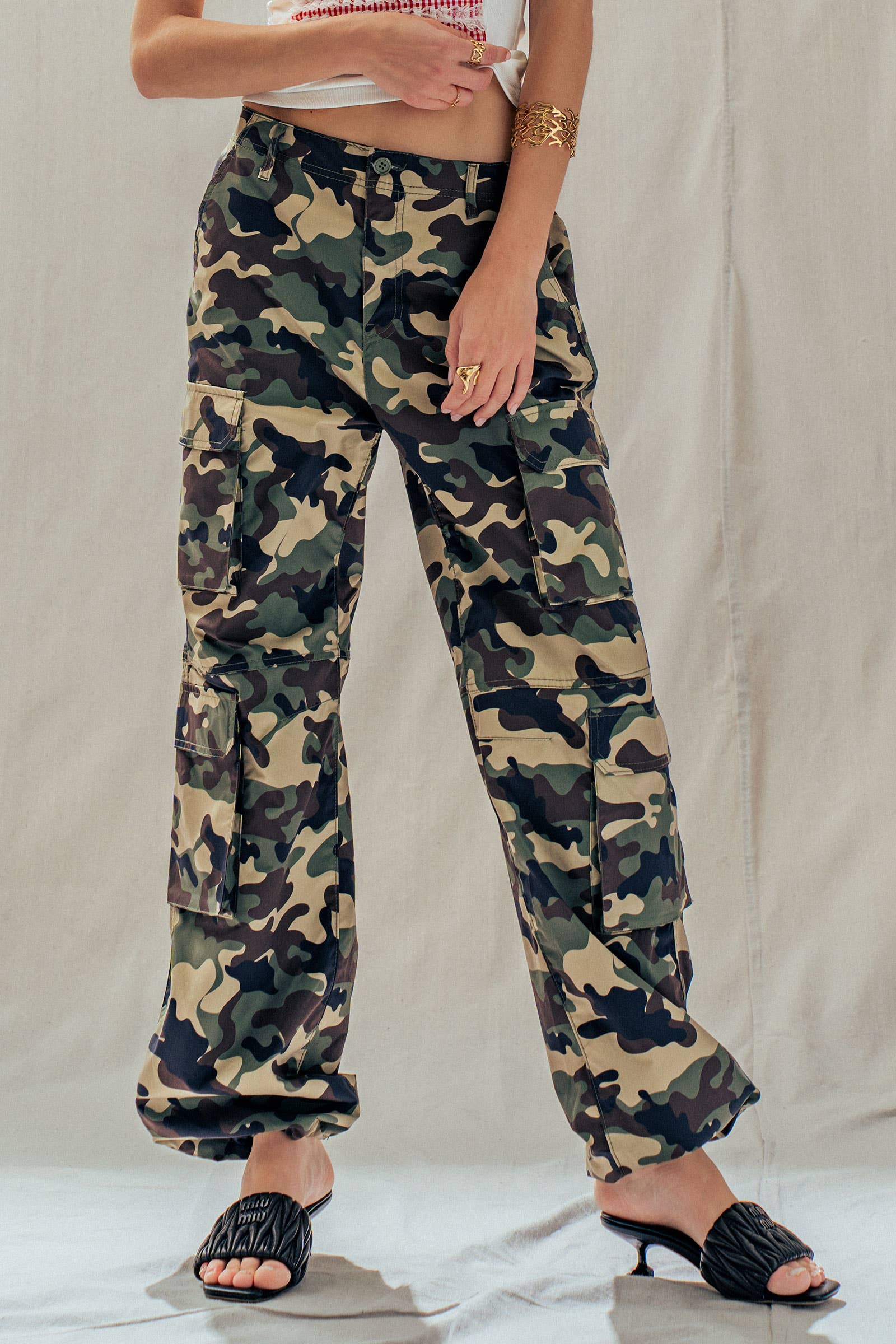 Camo Print Utility Cargo Pants with Drawstring Hem