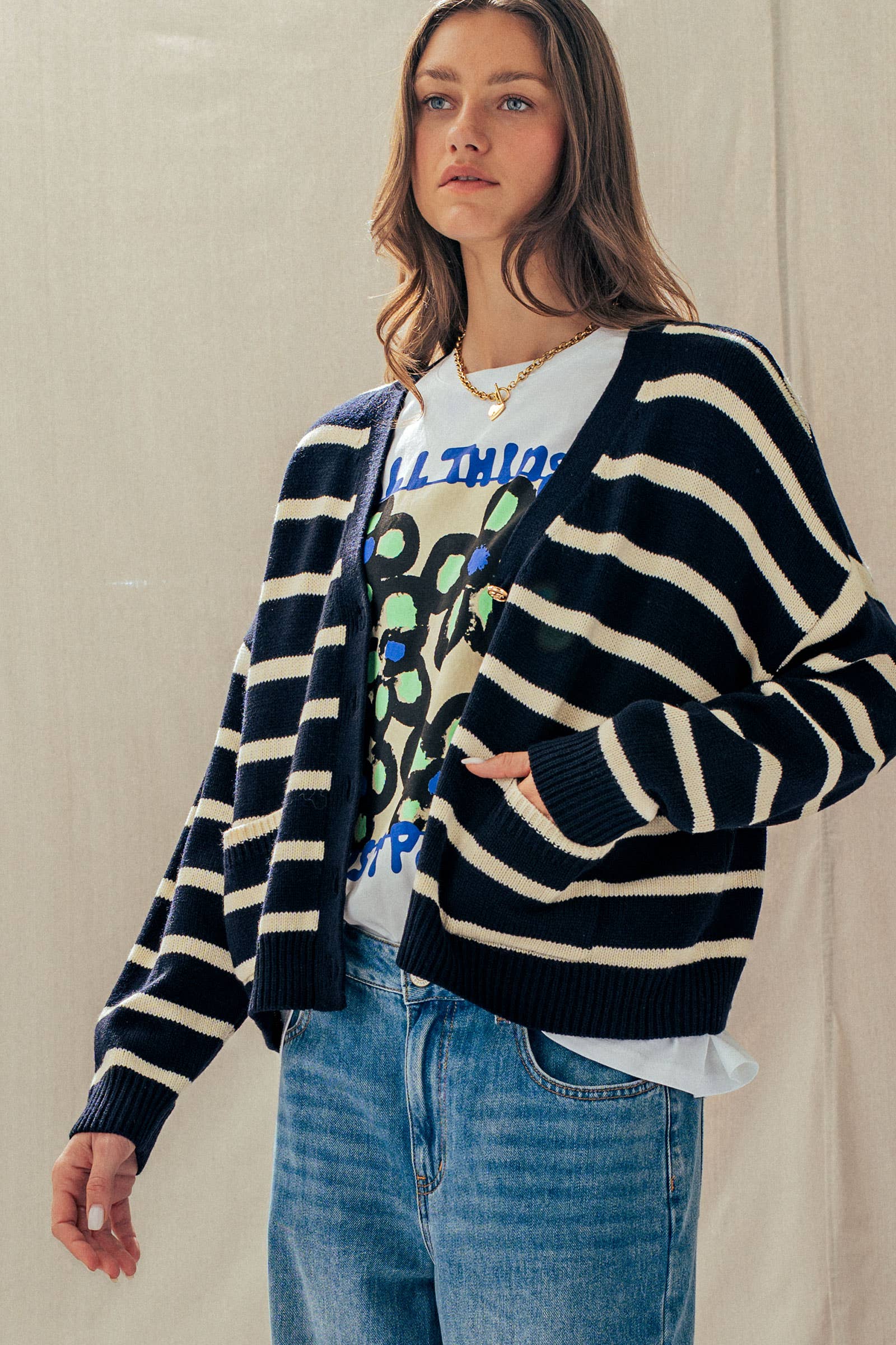 Striped Cropped V Neck Embellished Button Cardigan