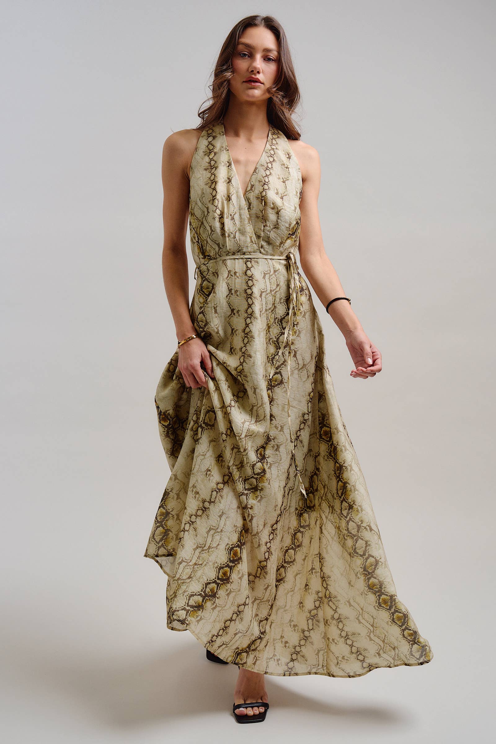Snake Print Tencel Linen Halter Maxi Dress