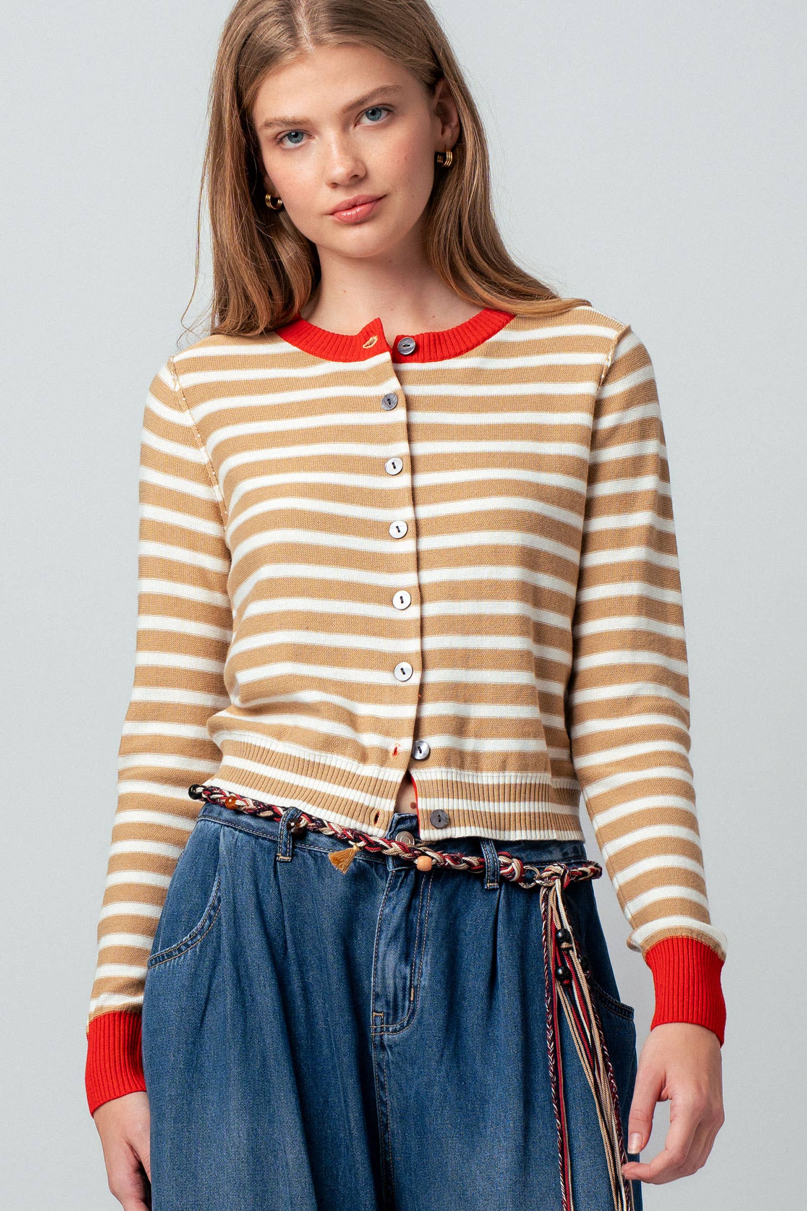 Striped Knit Cropped Button-Up Cardigan