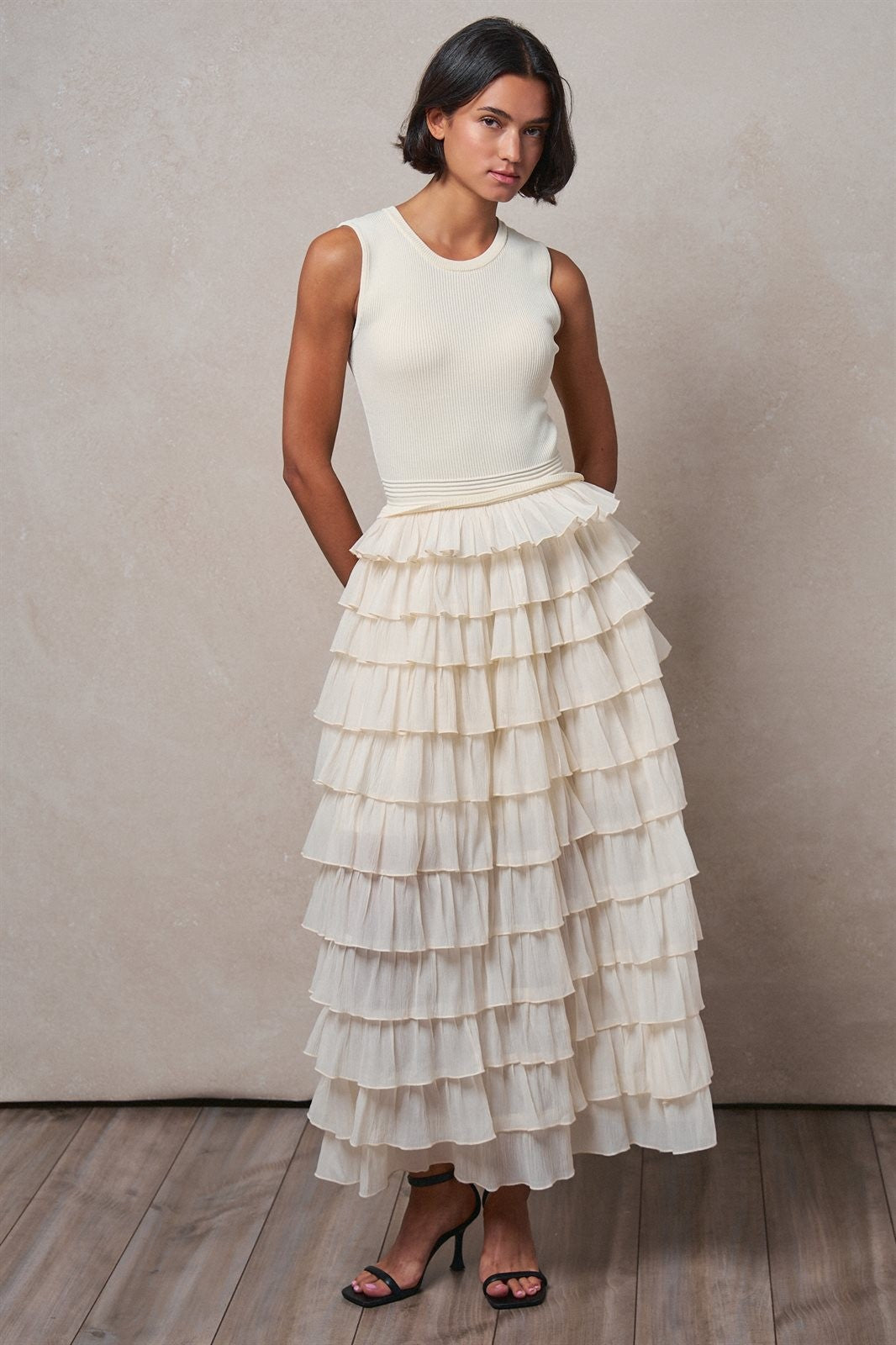 Tiered Ruffle Maxi Dress with Contrast Trim in IVORY - Women's Cocktail Dresses | Urban Daizy