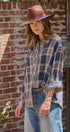 Oversized Plaid Cotton Button-Down Shirt in NAVY - Women's Shirts & Blouses | Urban Daizy