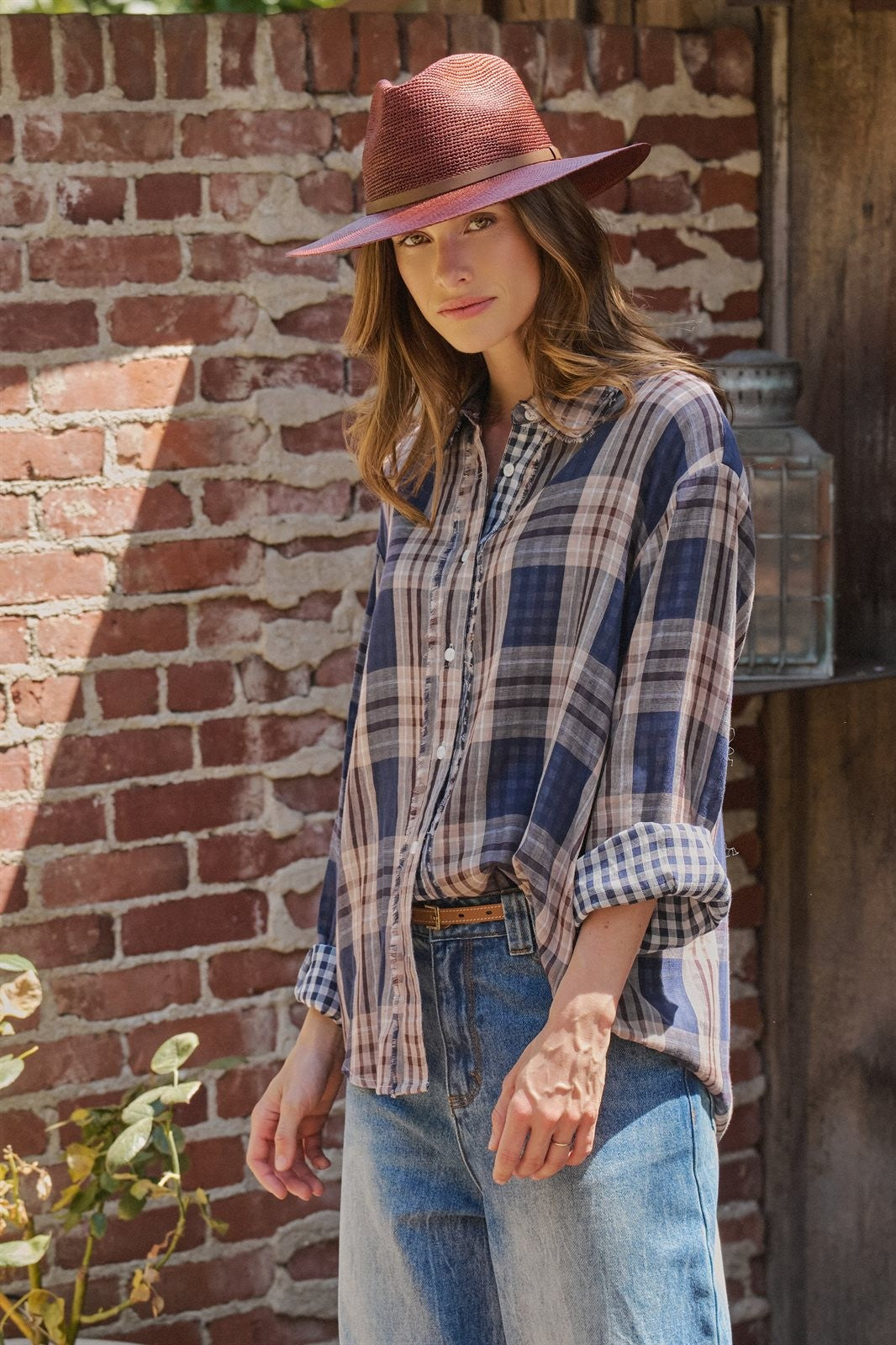 Oversized Plaid Cotton Button-Down Shirt in NAVY - Women's Shirts & Blouses | Urban Daizy
