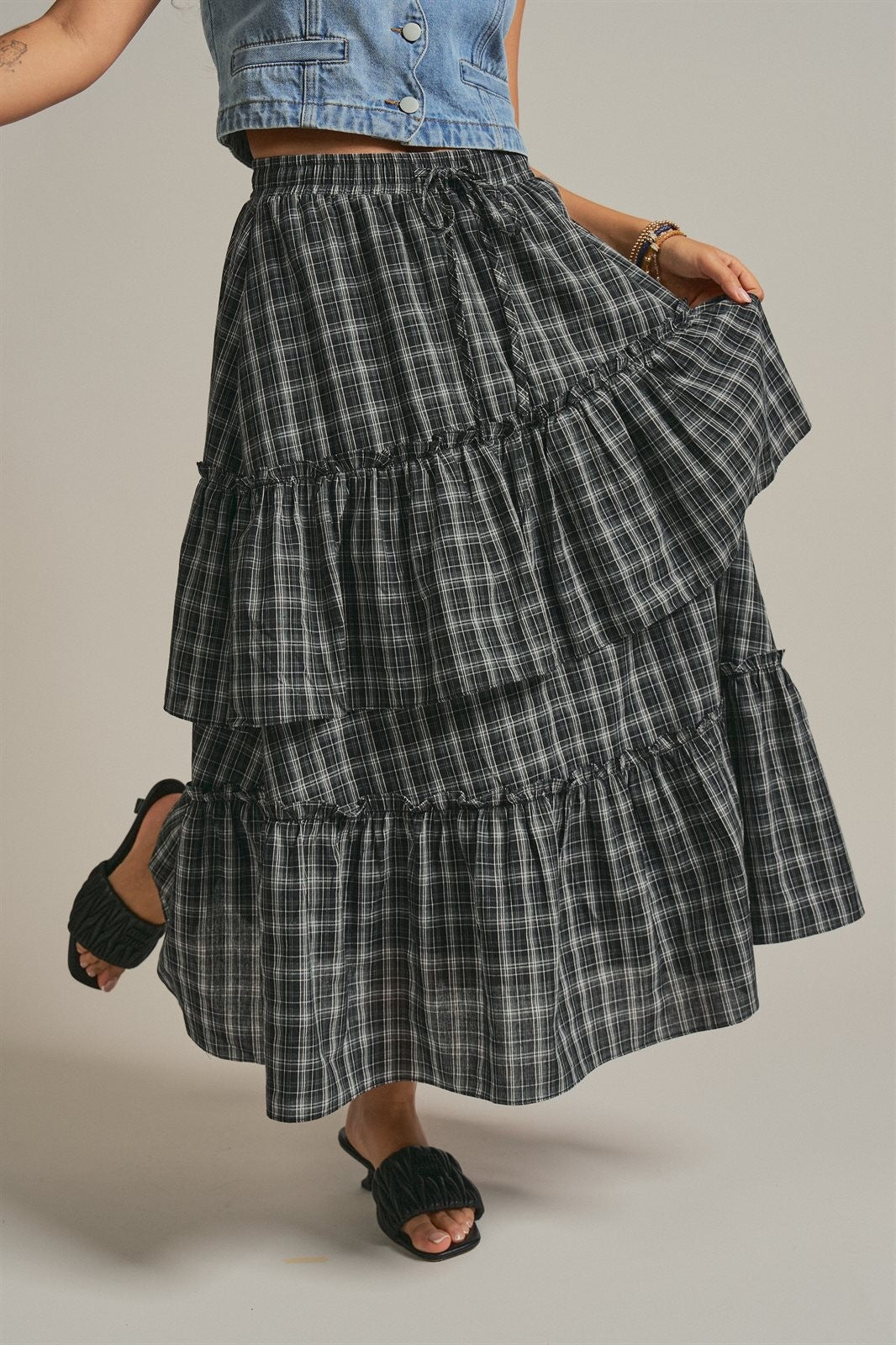 Plaid Tiered Ruffle Maxi Skirt Western Cowgirl Boho Long Ski in BLACK - Women's Midi Skirts | Urban Daizy