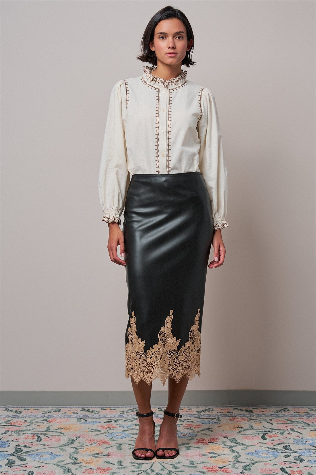 Faux Leather Lace Trim Midi Pencil Skirt in BLACK - Women's Midi Skirts | Urban Daizy