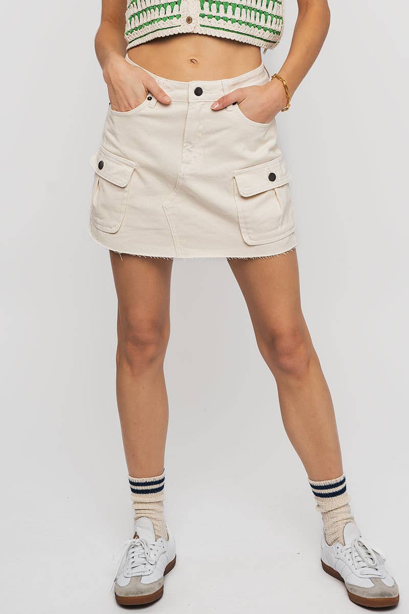 High Rise Raw Hem Utility Pocket Mini Cargo Skirt