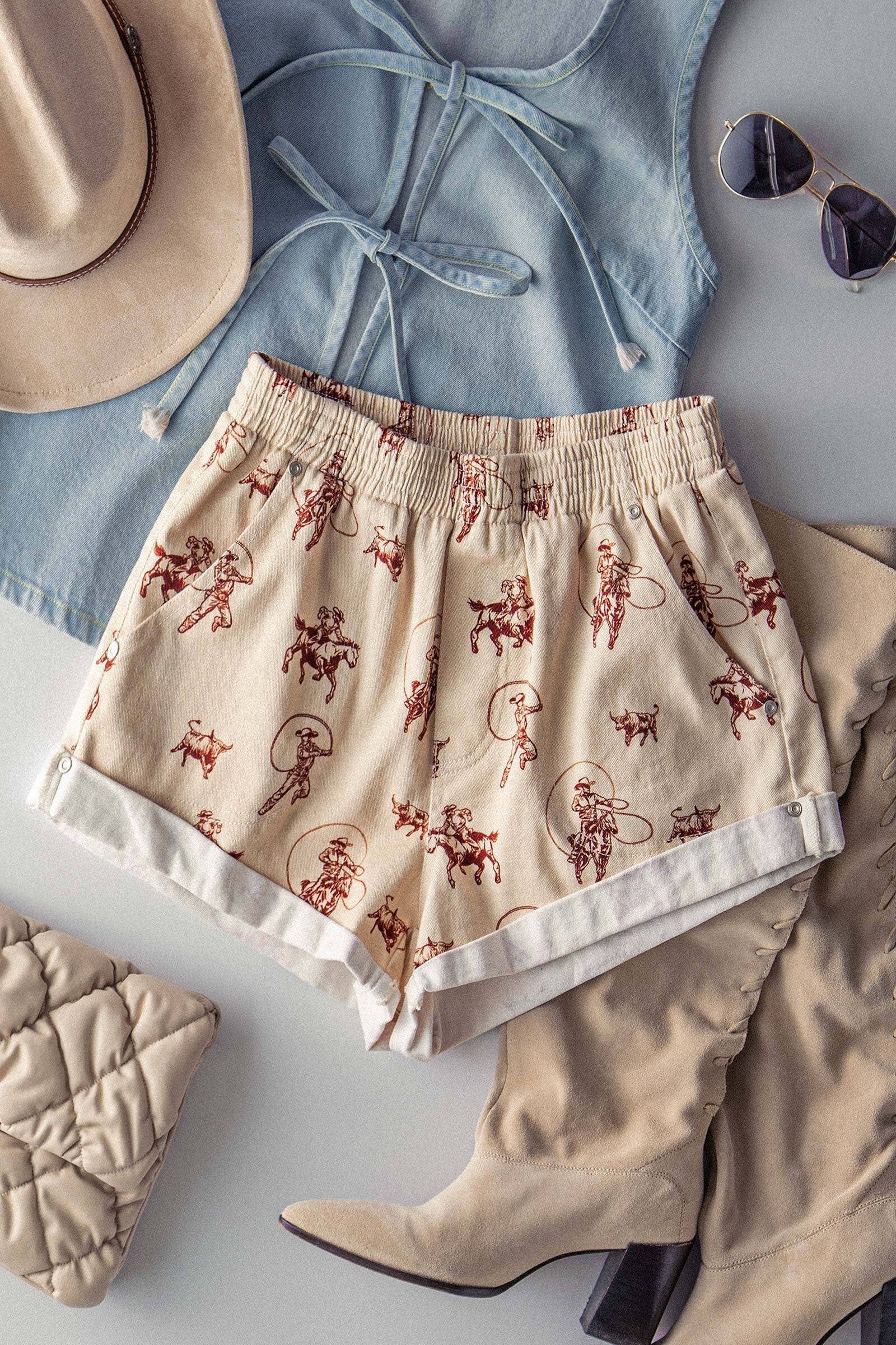 Urban Daizy Western Rodeo Ready Roundup Elastic Waistband Shorts Ivory Shorts - Women's (UDZ-DR-00390)