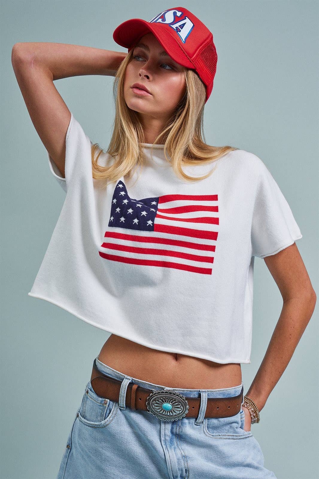 Urban Daizy American Flag Graphic Raw Edge Crop Tee White T-Shirt (Graphic) - Women's (UDZ-TP-01083-White) – alternate view 8